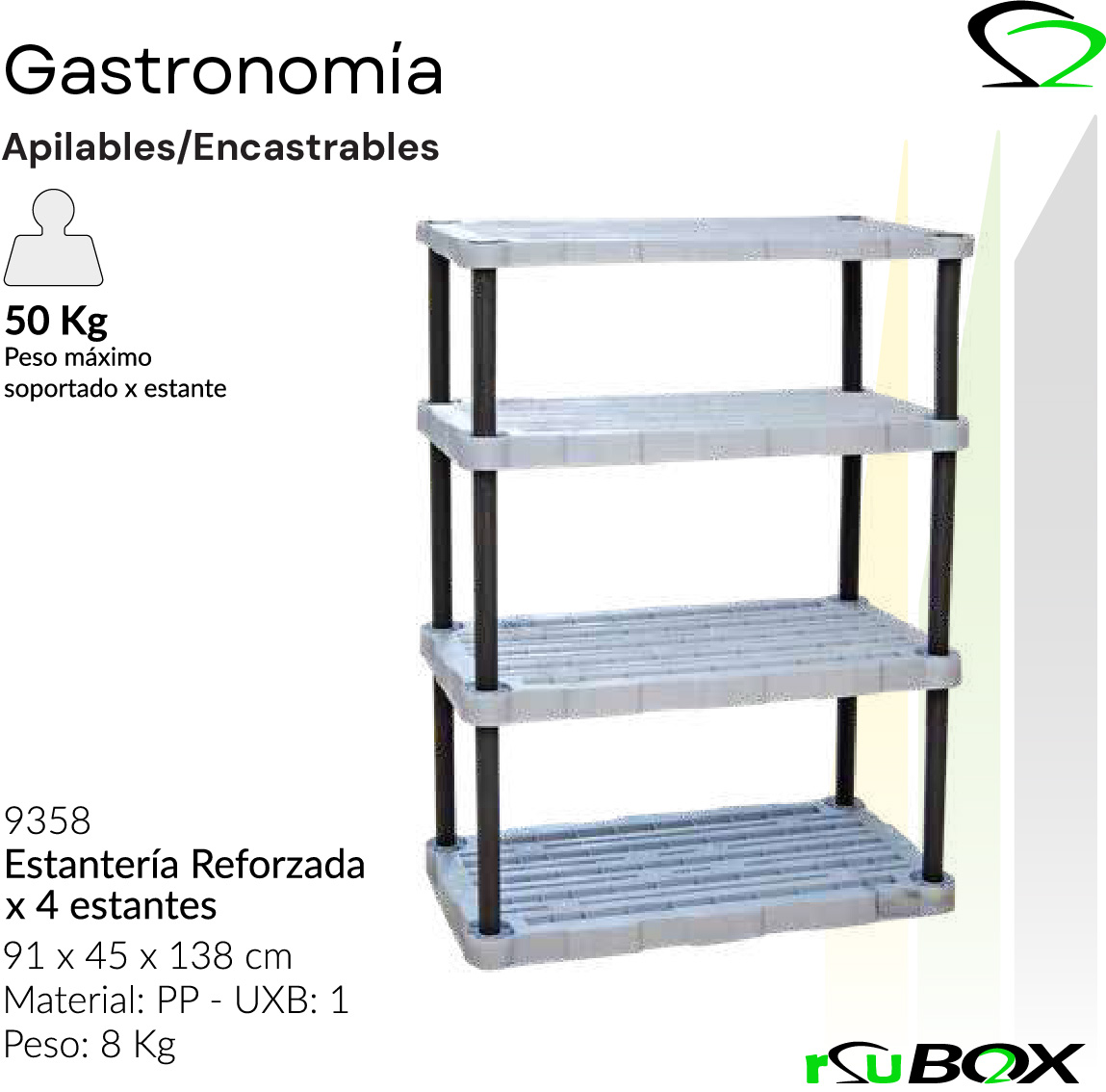 Art. 9358 — Estantería Reforzada 4 estantes, 91×45×138 cm, 50 kg por estante